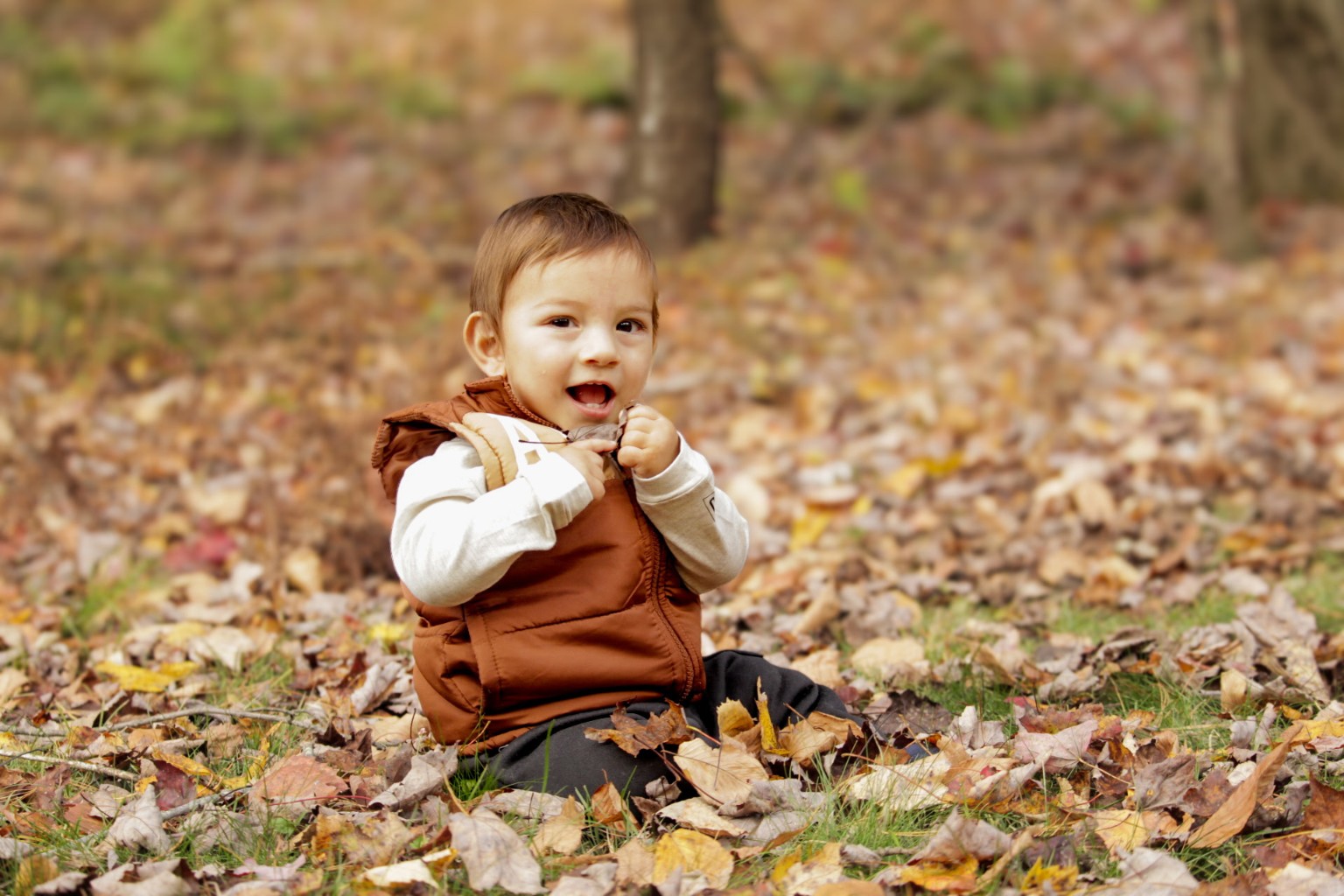 Baby sitting among autumn leaves